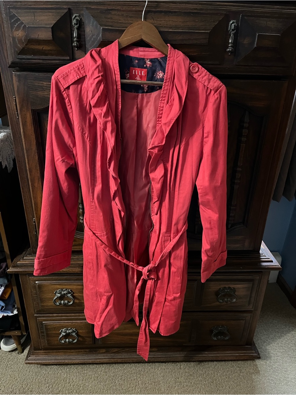ELLE Coral-Red Ruffle Front Tie-Waist Trench Coat